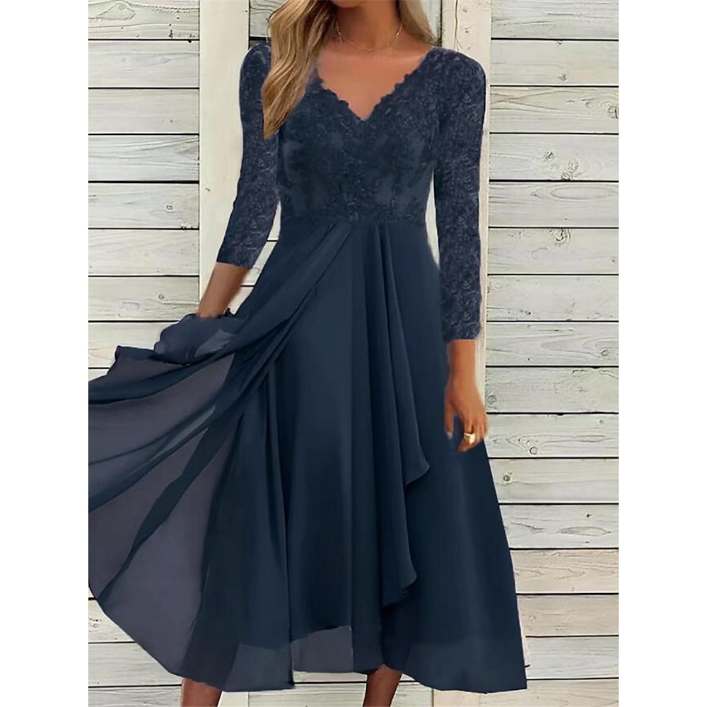 Damen Spitzenkleid Midikleid Chiffon Spitze Patchwork Verabredung Urlaub Strassenmode Brautkleider schlicht V Ausschnitt 3/4 Ärmel Blau Grün Farbe Lightinthebox