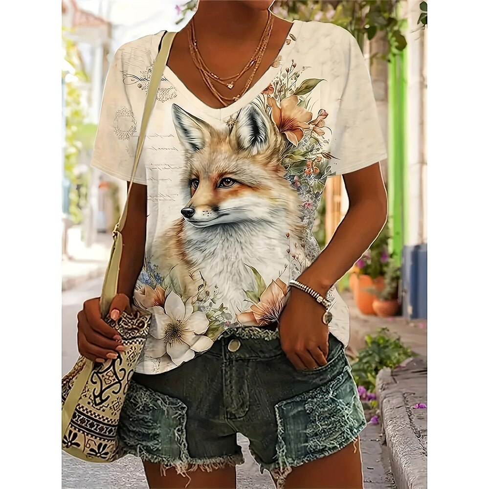 Damen T-Shirt stilvoll lässig Print Kurzarm normale Oberteile V-Ausschnitt Alltag Khaki Sommer Lightinthebox