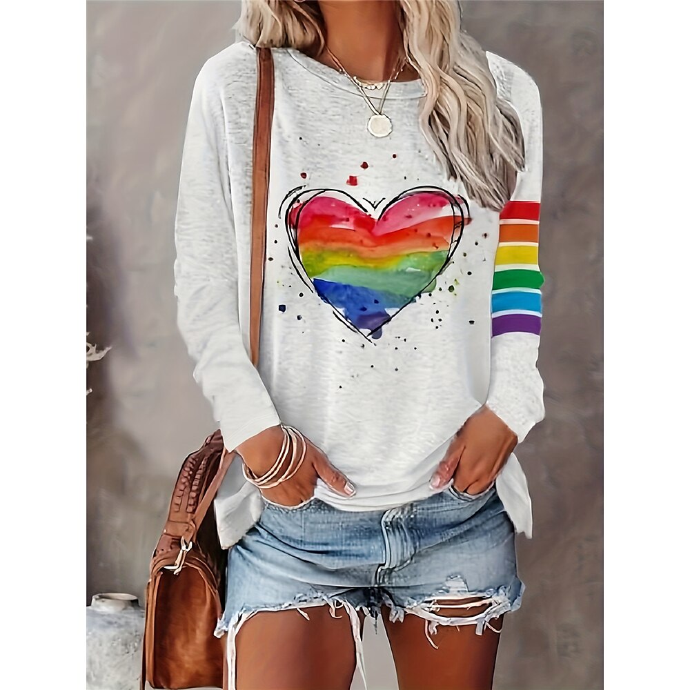 Damen T Shirt Regenbogen Brautkleider schlicht Langarm Rundhalsausschnitt Normale Oberteile Täglich Bedruckt Weiß Frühling Herbst Lightinthebox