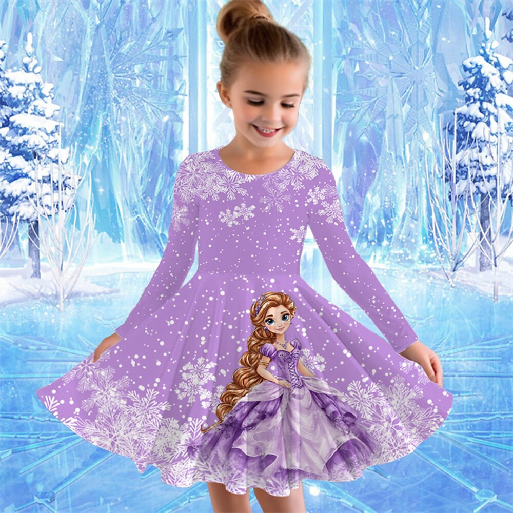 Mädchen' 3D Graphic Karikatur Schneeflocke Kleid Langarm Sommer Frühling Urlaub Täglich Festtage Schön Süß kinderkleidung 4-12 Jahre Casual kleid A Linie Kleid Knielang Polyester Regular Fit Lightinthebox