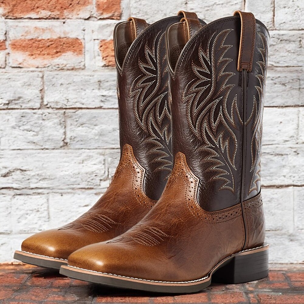 braune Western-Cowboystiefel für Herren mit besticktem Schaft, strapazierfähiges Kunstleder für Ranch und Freizeit Lightinthebox