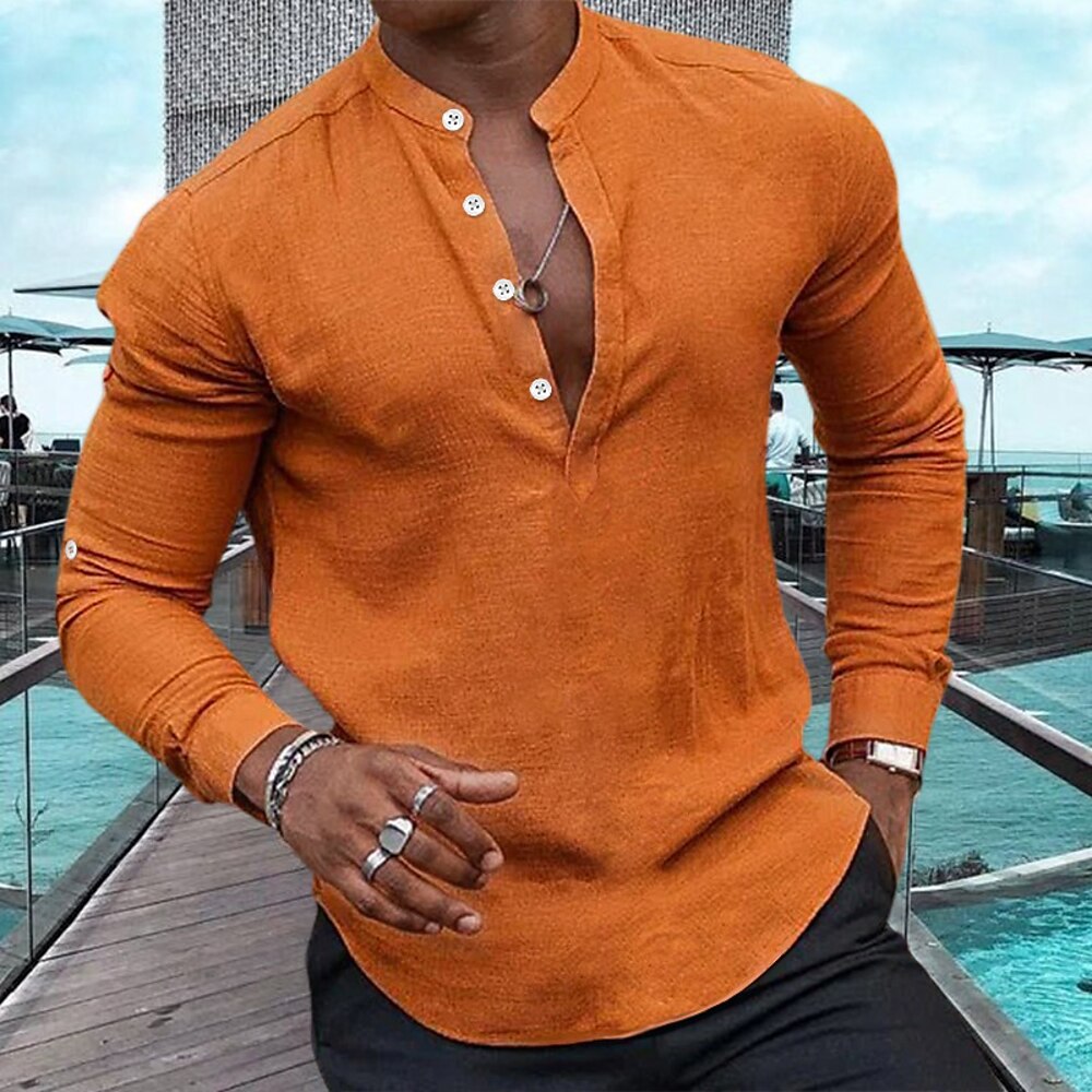 Herren Hemd leinenhemd Popover-Shirt Sommerhemd Strandbekleidung Lässiges Hemd Schwarz Weiß Rosa Marineblau Langarm Glatt Henley Frühling Sommer Casual Täglich Bekleidung Lightinthebox