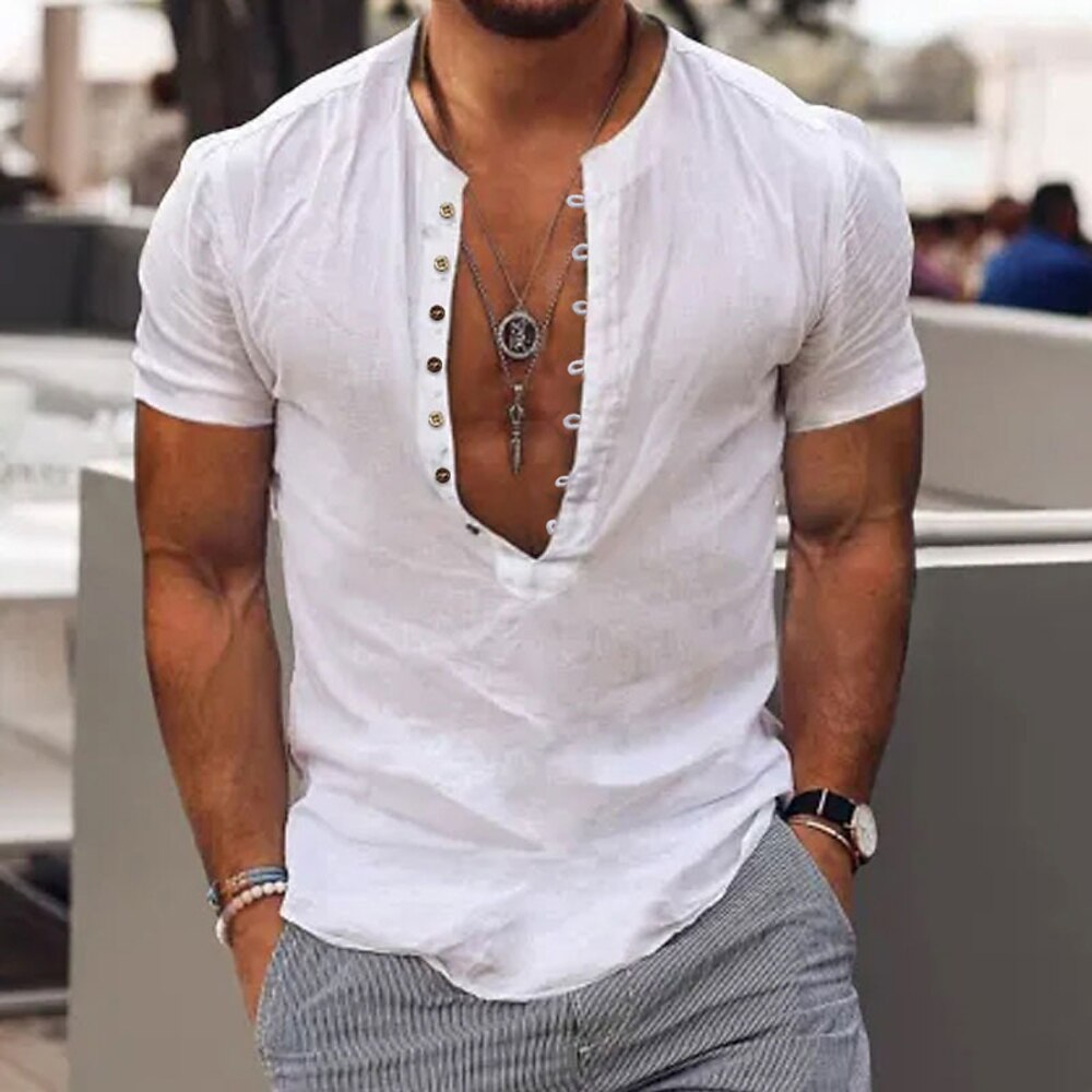 Herren Hemd Popover-Shirt Sommerhemd Strandbekleidung Lässiges Hemd Hemd mit Stehkragen Schwarz Weiß Wein Kaffee Grau Kurzarm Glatt Kragen Strasse Täglich Bekleidung Baumwollmischung Modisch Lightinthebox