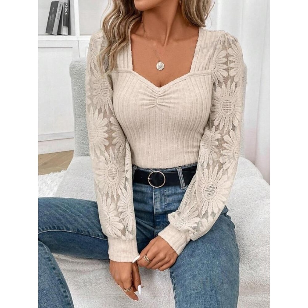 Damen Elegante Weiße Spitzen Tops Ösen Bluse Stylisch Modern Netz Langarm Arbeit Kamel Romantische Petite Tops Sommer Urlaub Tragen Frühling Herbst Halbformelle Blusen Lightinthebox