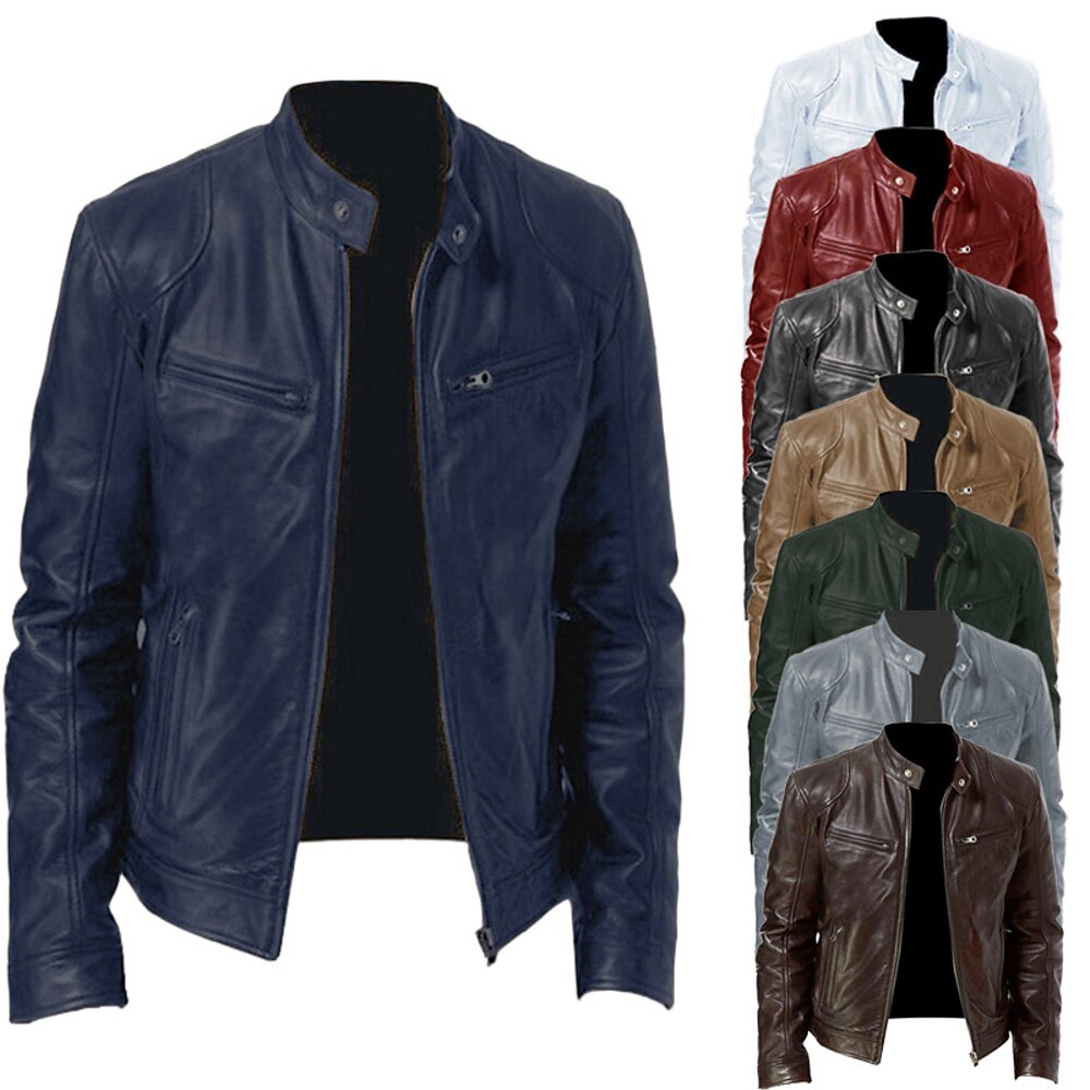 Herren Lederjacke Kunstlederjacke Motorrad Jacke Rote Lederjacke Täglich Urlaub Windundurchlässig warm halten Tasche Herbst Winter Glatt Modisch Klassisch Ständer Standard Kunstleder Silber Schwarz Lightinthebox