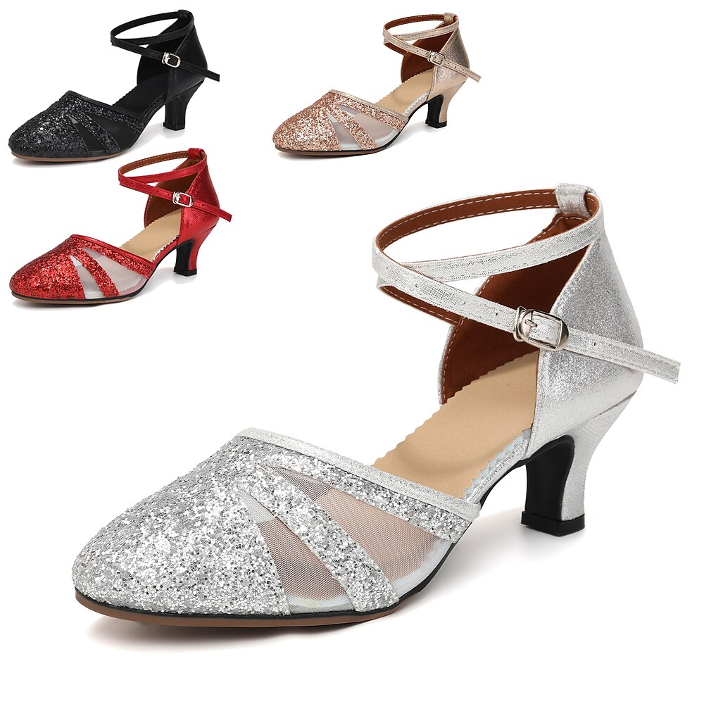 Glitzernde Gesellschaftstanzschuhe für Damen mit Kreuzriemen, Mesh-Design und mittelhohem Absatz für lateinamerikanischen Tanz und Salsa Lightinthebox