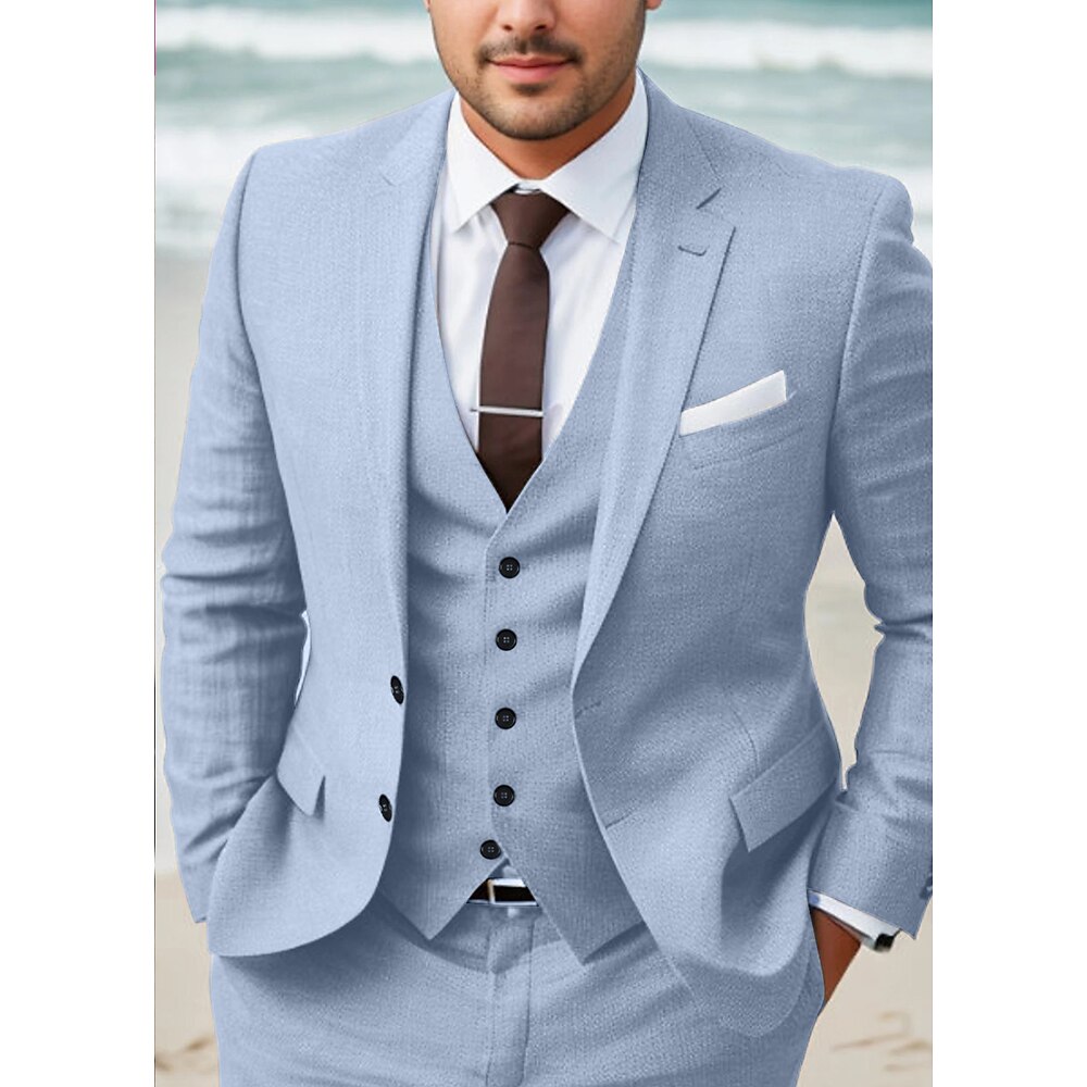 Herren Hochzeit Leinenanzüge Suits Himmelblau Khaki Einfarbig Reguläre Passform 3-teiliges Set Einreiher - 2 Knöpfe Lightinthebox