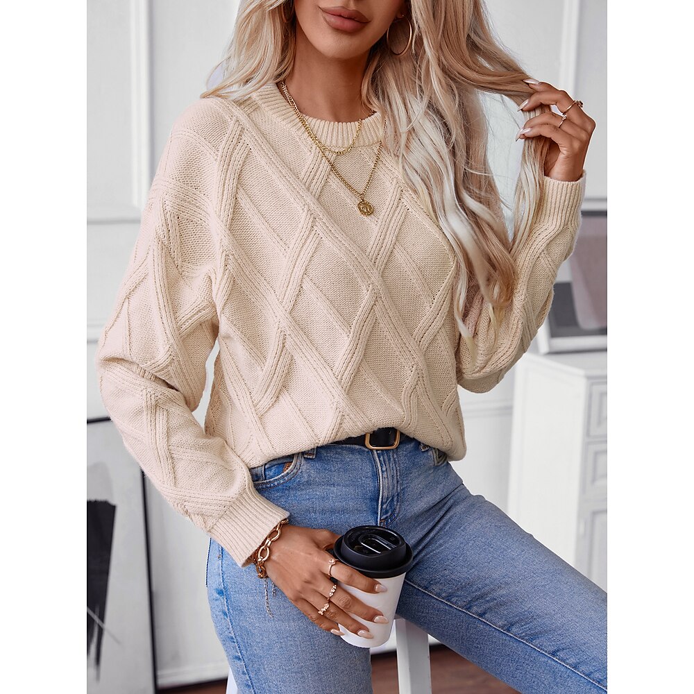 Damen Pullover Rundhalsausschnitt Stricken Strick Herbst Winter Lang Arbeit Brautkleider schlicht Langarm Feste Farbe Geometrisch Schwarz Beige S M L Lightinthebox