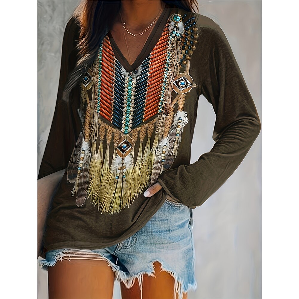 Damen T-Shirt Vintage Ethno Print Langarm Normale Oberteile V-Ausschnitt Urlaub Armeegrün Frühling Herbst Lightinthebox