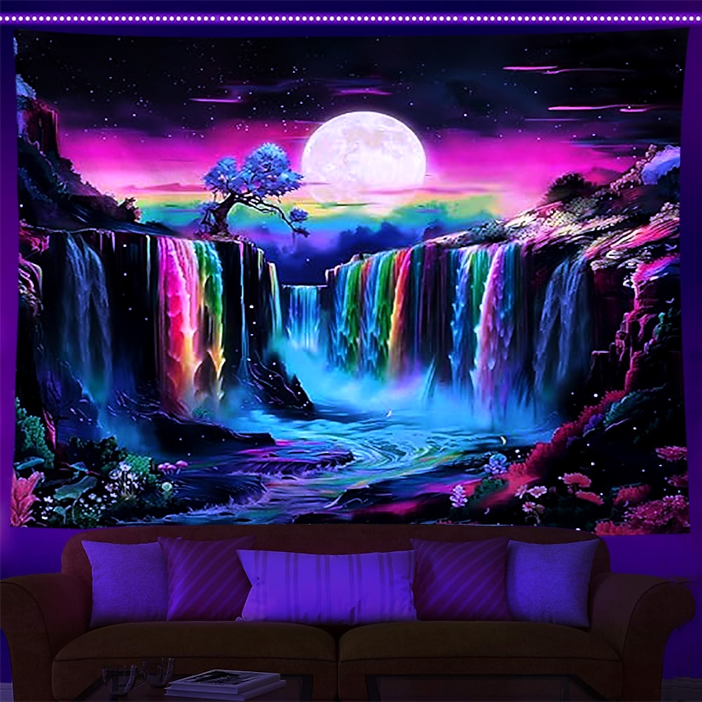 Halloween-Dekorationen, Schwarzlicht-Wandteppich, UV-reaktiv, im Dunkeln leuchtend, Leuchtparty, psychedelisch, trippig, neblig, bunt, Wasserfall, Wandteppich, Wandkunst, Wandbild für Wohnzimmer, Lightinthebox