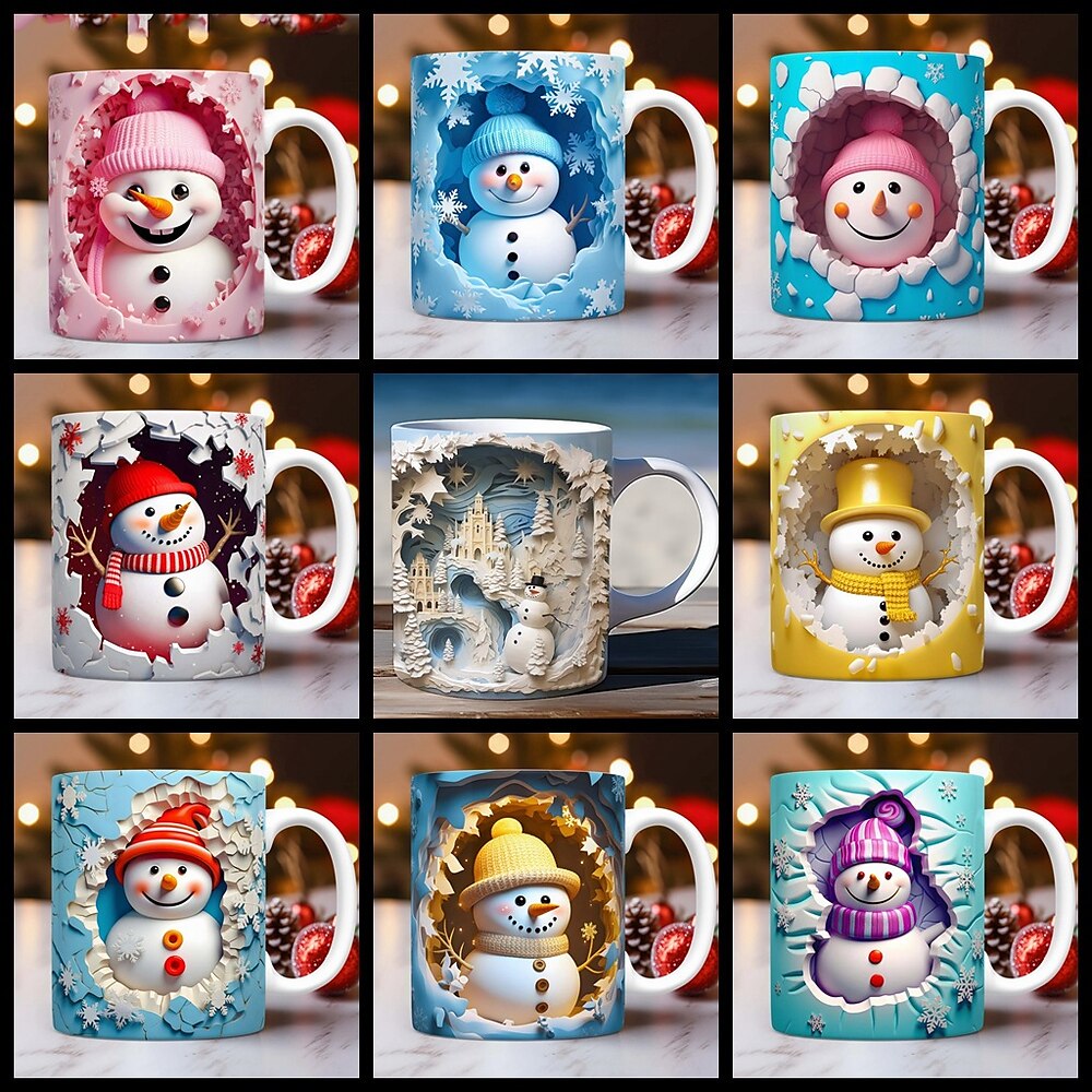 Weihnachtsgeschenk-Tasse mit 3D-Illusion, Schneemann, Keramik-Kaffeetasse, Weihnachtsgeschenk, festlich und einzigartig, 330 ml Lightinthebox