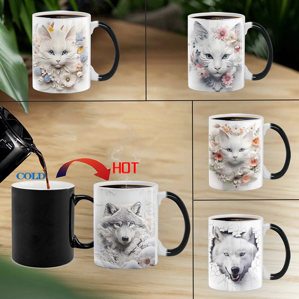 Zaubertasse, Schneewolf-Magie, 3D-Illusion, Keramik-Kaffeetasse als Geschenk, 11 oz magische Farbwechsel-Kaffeetasse, süße Weihnachtsgeschenktasse für Katzen-Zaubertassen-Liebhaber Lightinthebox