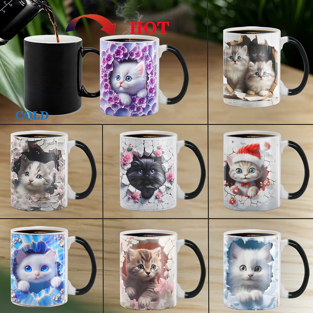 Zaubertasse, Zaubertasse mit Katzenmotiv, magische 3D-Illusion, Keramik-Kaffeetasse als Geschenk, 11 oz magische Farbwechsel-Kaffeetasse, süße Weihnachtsgeschenktasse für Liebhaber von Zaubertassen Lightinthebox