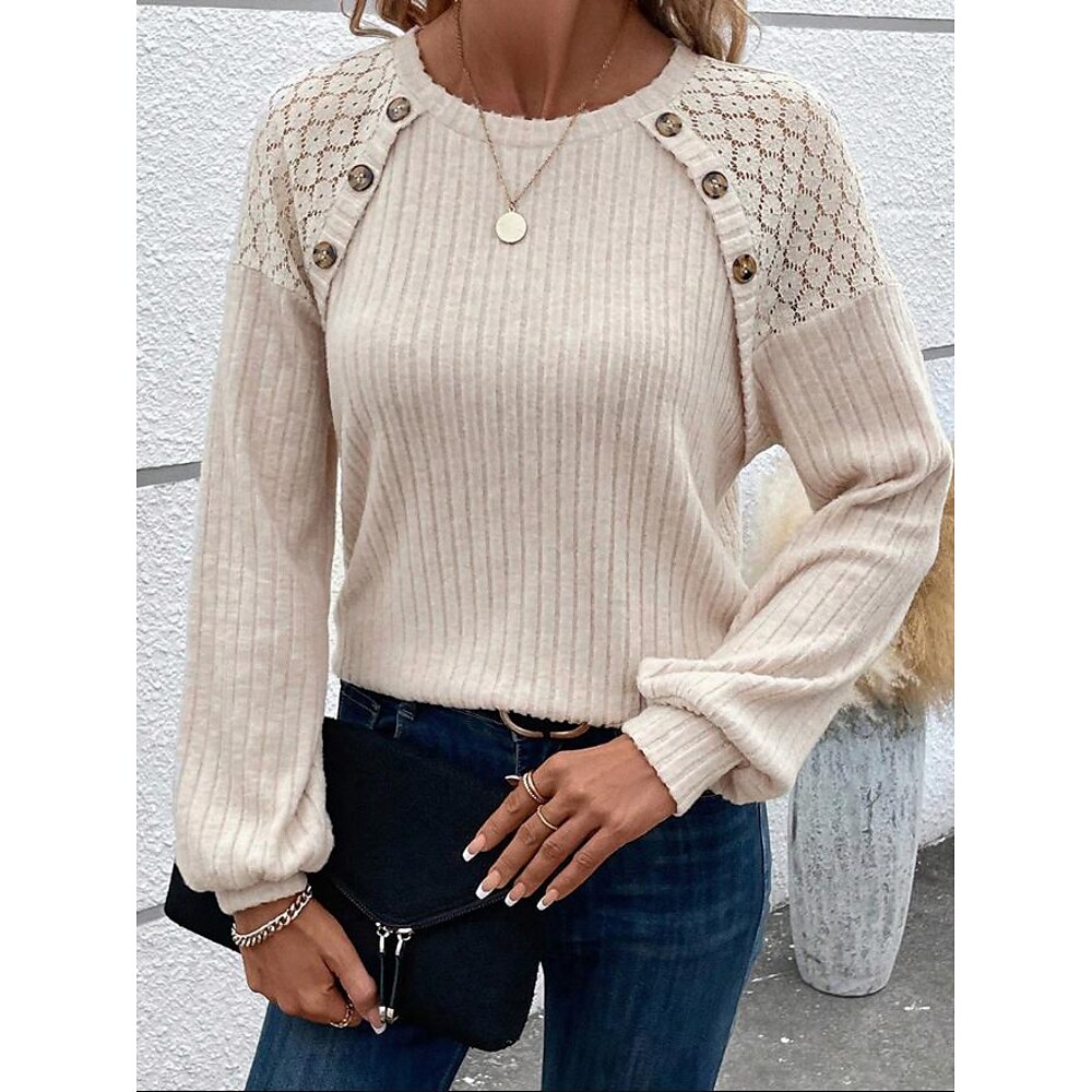 Damen Zur Seite fahren Polyester Glatt Arbeit Strasse Patchwork Taste Elegant Vintage Modisch Lockere Passform Rundhalsausschnitt Langarm Mikro-elastisch Herbst Winter Lightinthebox