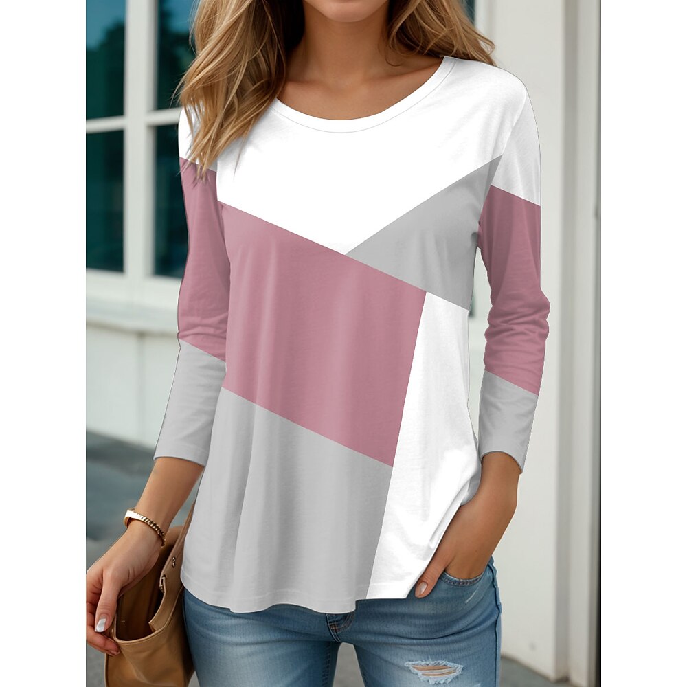 Damen T Shirt Farbblock Bedruckt Täglich Brautkleider schlicht Langarm Rundhalsausschnitt Rosa Frühling Herbst Lightinthebox