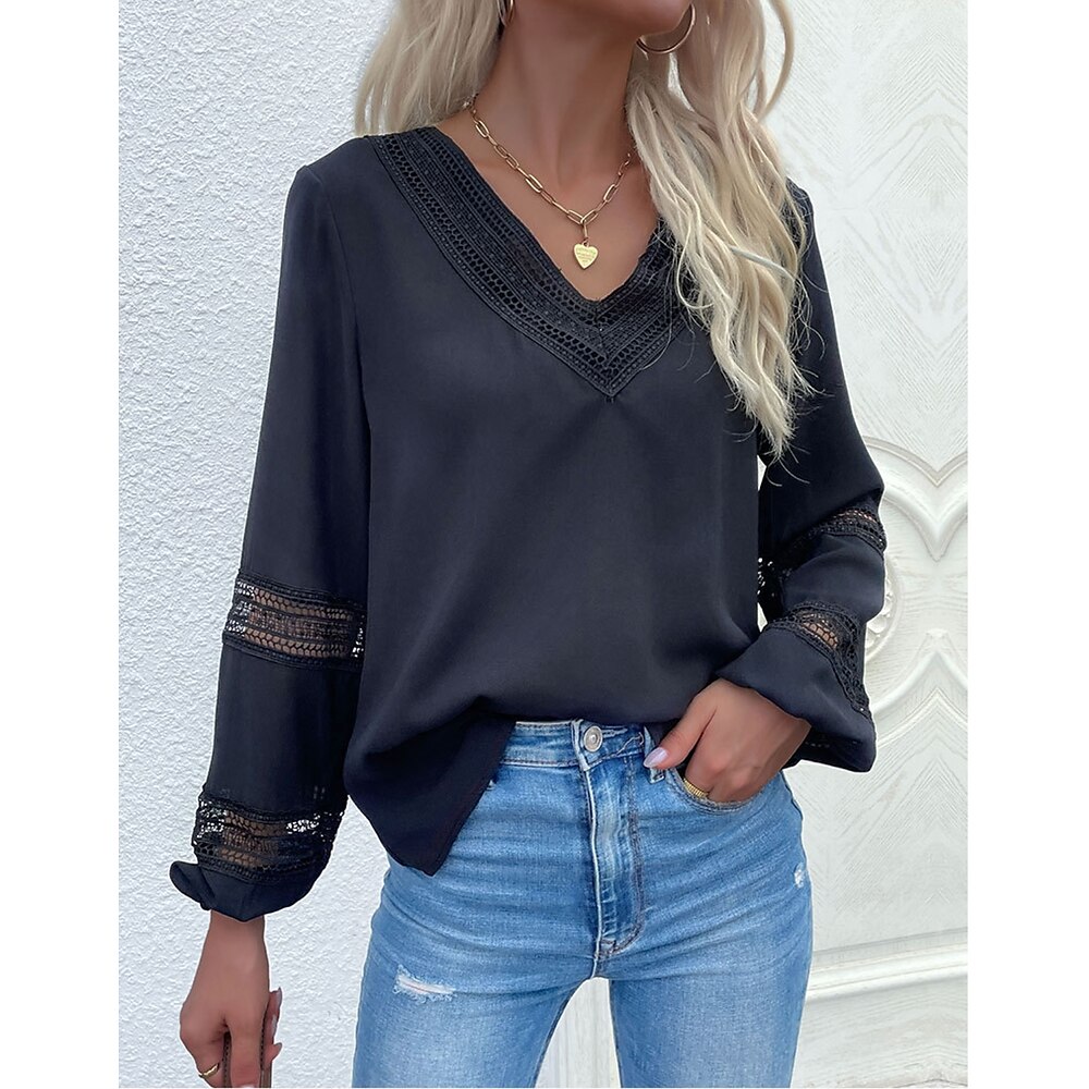 Damen Bluse Polyester Stilvoll Modern Spitze Ausgehöhlt Langarm Normale Oberteile V Ausschnitt Arbeit Täglich Blau Frühling Herbst Lightinthebox