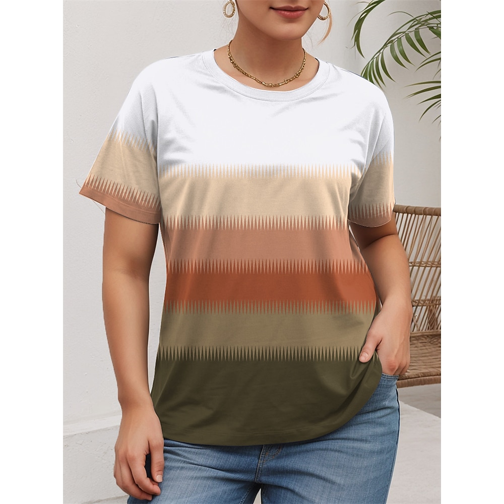 Damen Übergröße Oberteile T Shirt Farbverlauf Gestreift Bedruckt Kurzarm V Ausschnitt Brautkleider schlicht Täglich Polyester Sommer Grün Lightinthebox