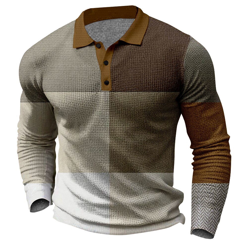 Herren Geometrisch Waffel-Poloshirt Golfpolo Langarm Polo-Shirts Kragen Vintage Brautkleider schlicht Partyabend Alltagskleidung Urlaub Taste 3D-Druck Dunkel Braun Schwarz Weiß Lightinthebox