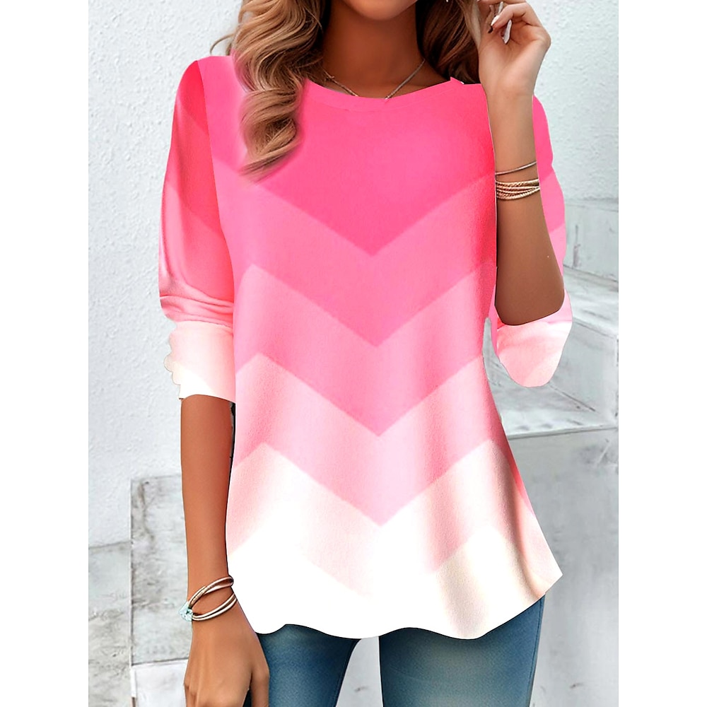 Damen T-Shirt Casual Print Langarm Normal Oberteile Rundhalsausschnitt Alltag Rosa Frühling Herbst Lightinthebox