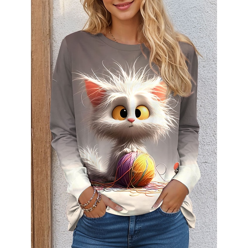 Damen T Shirt Brautkleider schlicht Katze Normale Oberteile Langarm Rundhalsausschnitt Bedruckt Regular Fit Täglich Grau Frühling Herbst Lightinthebox