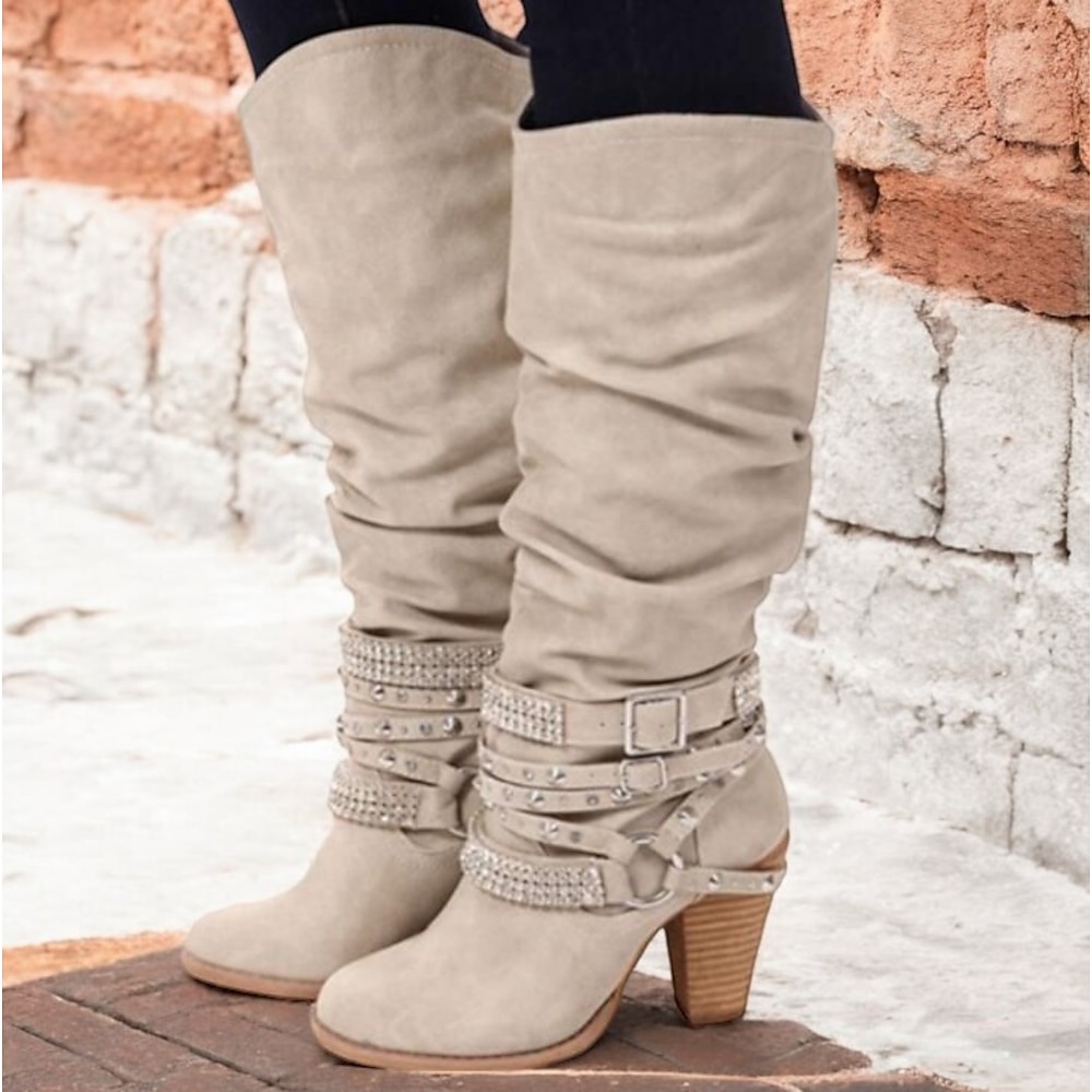 Beigefarbene, kniehohe Slouchy-Stiefel für Damen mit Schnallen- und Nietenakzenten, Vintage-Westernstil für die Freizeit im Herbst und Winter Lightinthebox