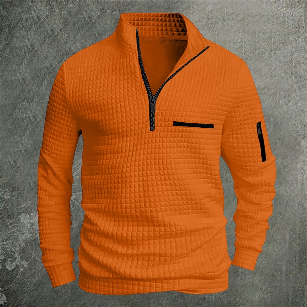 Herren Waffel-Poloshirt Pullover Sport Natur Freizeitskleidung Viertel Postleitzahl Langarm Modisch Komfortabel Farbblock Tasche Reißverschluss Frühling Herbst Regular Fit Schwarz Weiß Blau Orange Lightinthebox