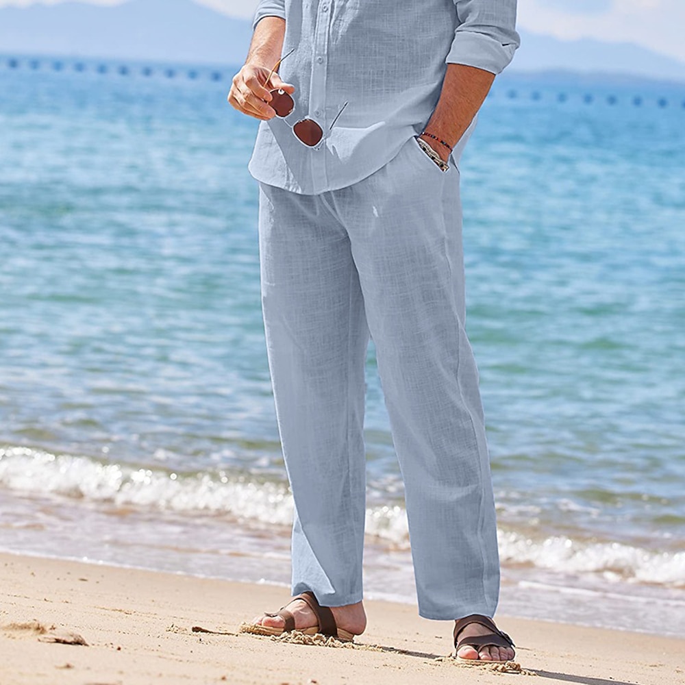 Herren Leinenhose Hose Hosen Sommerhosen Strandhose Kordelzug Elastische Taille Glatt Komfort Atmungsaktiv Outdoor Täglich Ausgehen Modisch Strassenmode Schwarz Weiß Lightinthebox