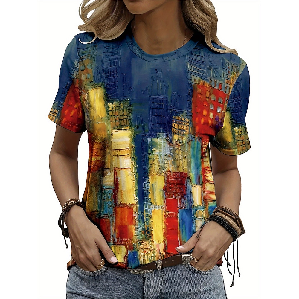 Damen T-Shirt Casual Print Kurzarm Normal Oberteile Alltag Marineblau Sommer Lightinthebox