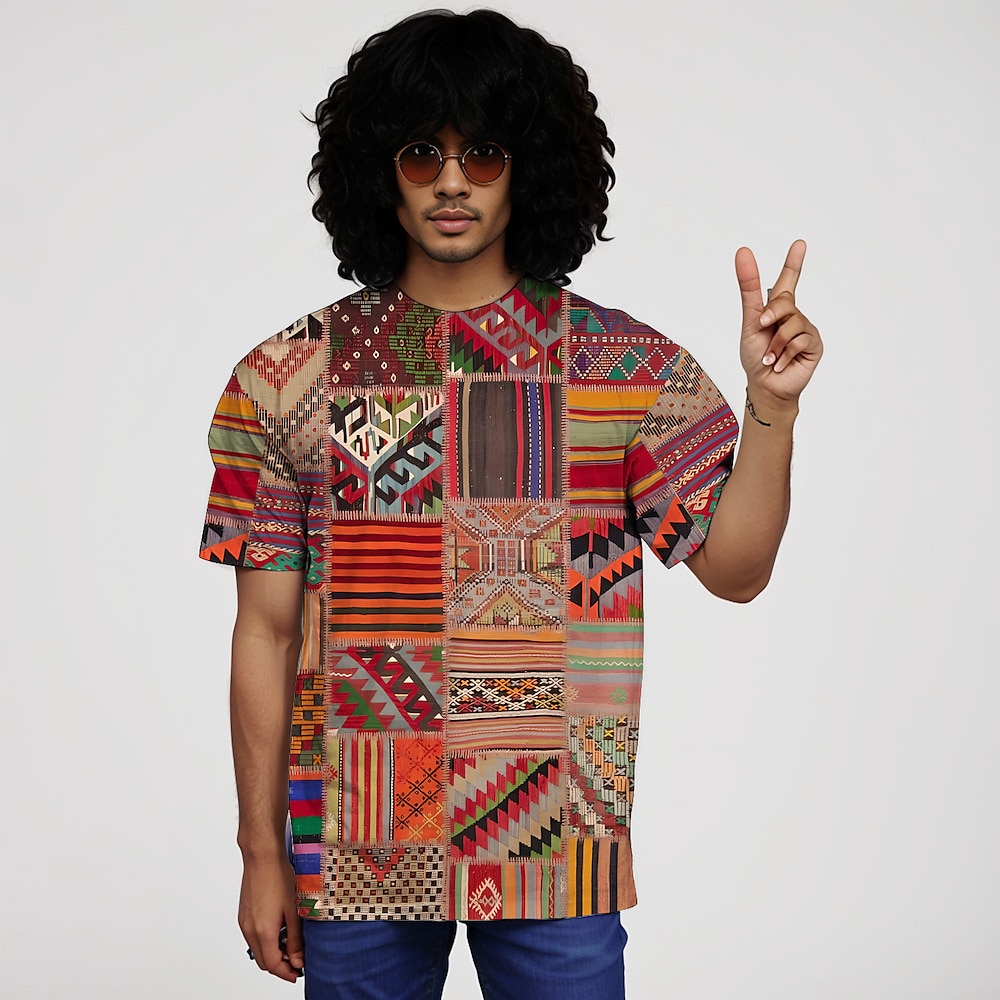 Hippie Mexikaner afrikanisch T-Shirt-Ärmel Batik-T-Shirt 3D Kente Retro-Jahrgang 1980er Für Herren Erwachsene Maskerade 3D-Druck Casual Lightinthebox