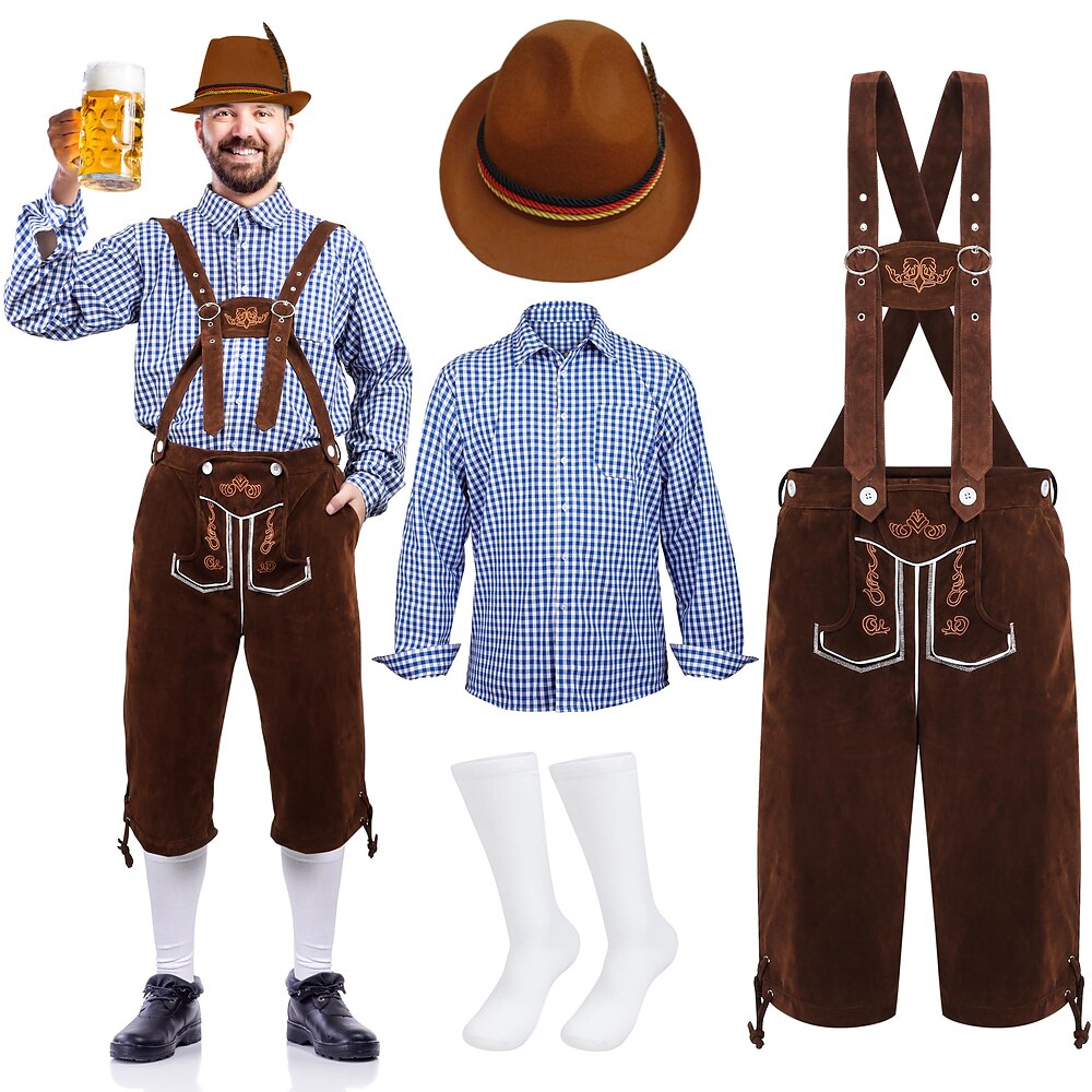 Oktoberfestbier Kostüm Lederhosen Hemd Alpenhut Bayerisch Bayerisch Deutsch München Wiesn Herren Stoff im traditionellen Stil Bluse Unterhose Hut Lightinthebox