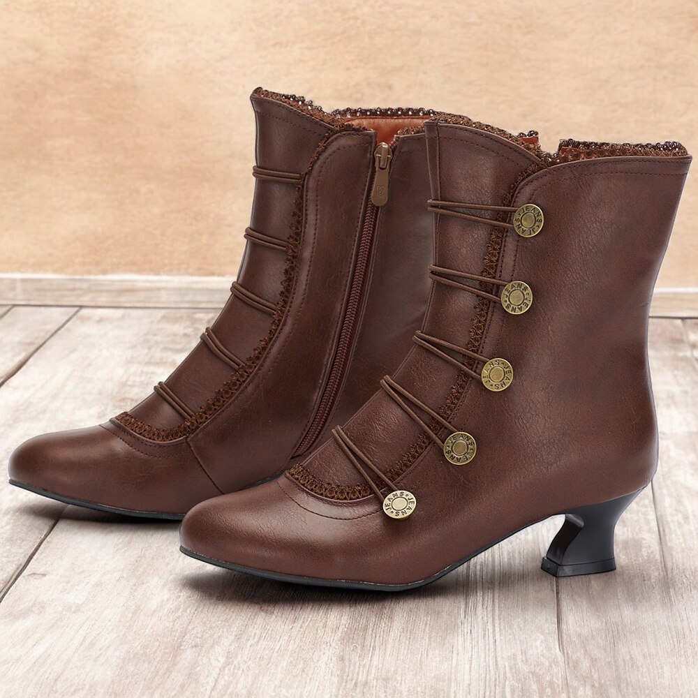 braune Vintage-Stiefeletten im viktorianischen Stil zum Schnüren für Damen mit Knopfdetails und mittlerem Absatz für Cosplay, historische Nachstellungen und den Alltag Lightinthebox