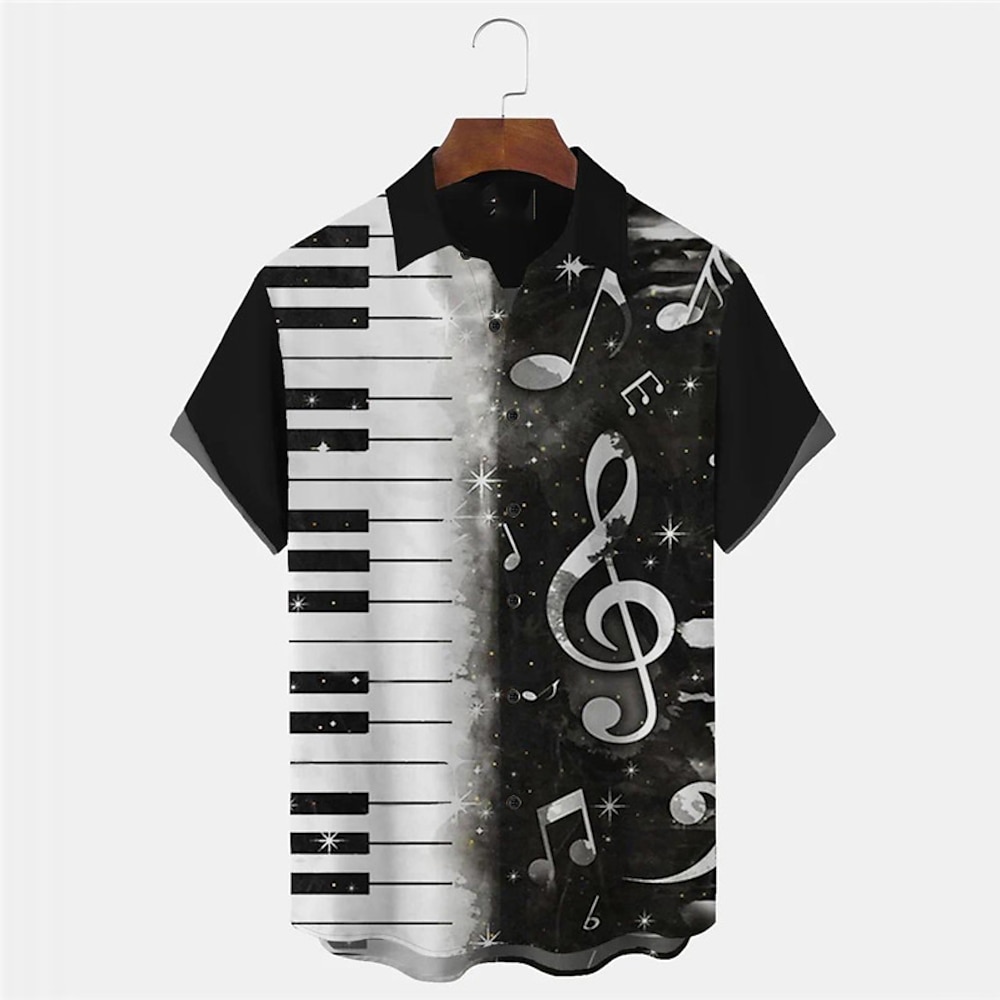 Herren Musik Bemerkung Pano Keys Hemd Knopfhemd Kurzarm Modisch Strassenmode Designer Täglich Strand Wochenende Sommer Frühling Umlegekragen Bedruckt Button-Down Schwarz Lightinthebox