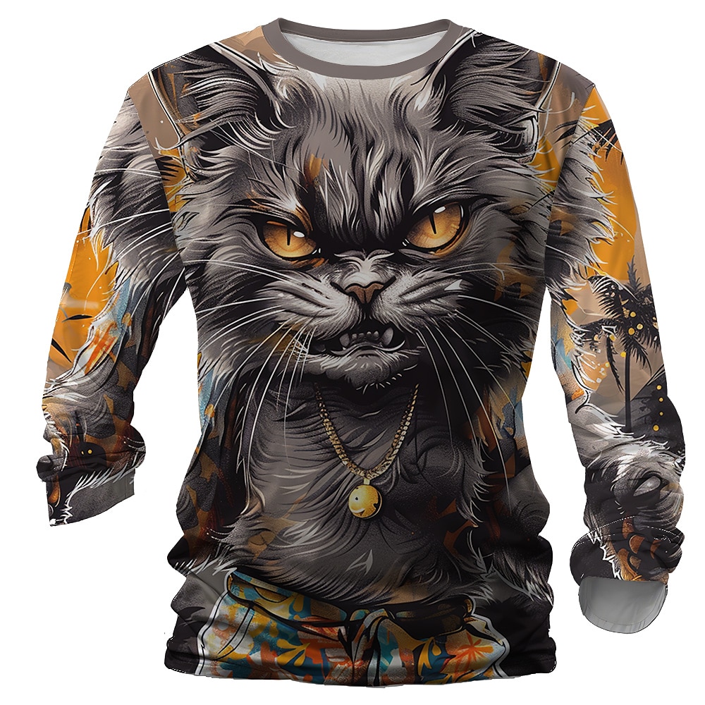 Herren Katze Lustig T Shirt Langarm T-Shirt 3D-Druck Rundhalsausschnitt Hemd Designer Retro Vintage Strasse Casual Täglich Gelb Rote Blau Sommer Frühling Herbst Bekleidung S M L XL XXL XXXL Lightinthebox