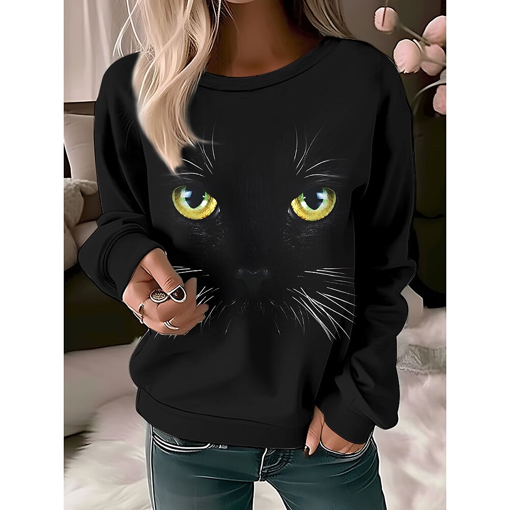 Damen Hoodie Sweatshirt Kapuze Polyester Katze Strasse Alltagskleidung Bedruckt Modisch Brautkleider schlicht Rundhalsausschnitt Langarm Mikro-elastisch Herbst Winter Lightinthebox