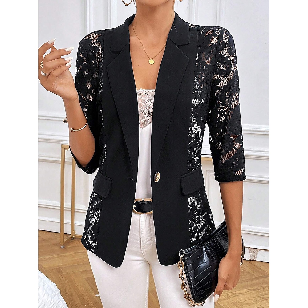 Damen Blazer Sakko B¨¹ro Spitze Feste Farbe Komfortabel Modisch Regular Fit Oberbekleidung Halbe Ärmel Sommer Schwarz S Lightinthebox