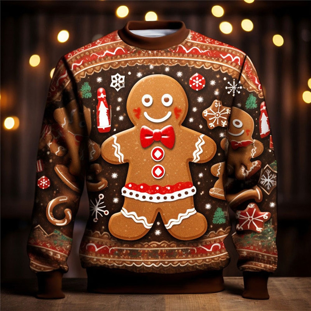 Weihnachts-Lebkuchenmann-3D-Sweatshirts für Herren, Lebkuchenmann-Grafik, fröhliche Mode, täglicher, lässiger Pullover mit 3D-Druck, Urlaub, Ausgehen, hellbraune Baumwolle Lightinthebox