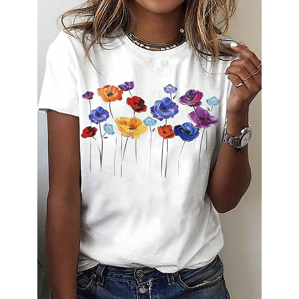 Damen T Shirt Brautkleider schlicht Blumen Normale Oberteile Kurzarm Rundhalsausschnitt Bedruckt Täglich Schwarz Weiß Sommer Lightinthebox