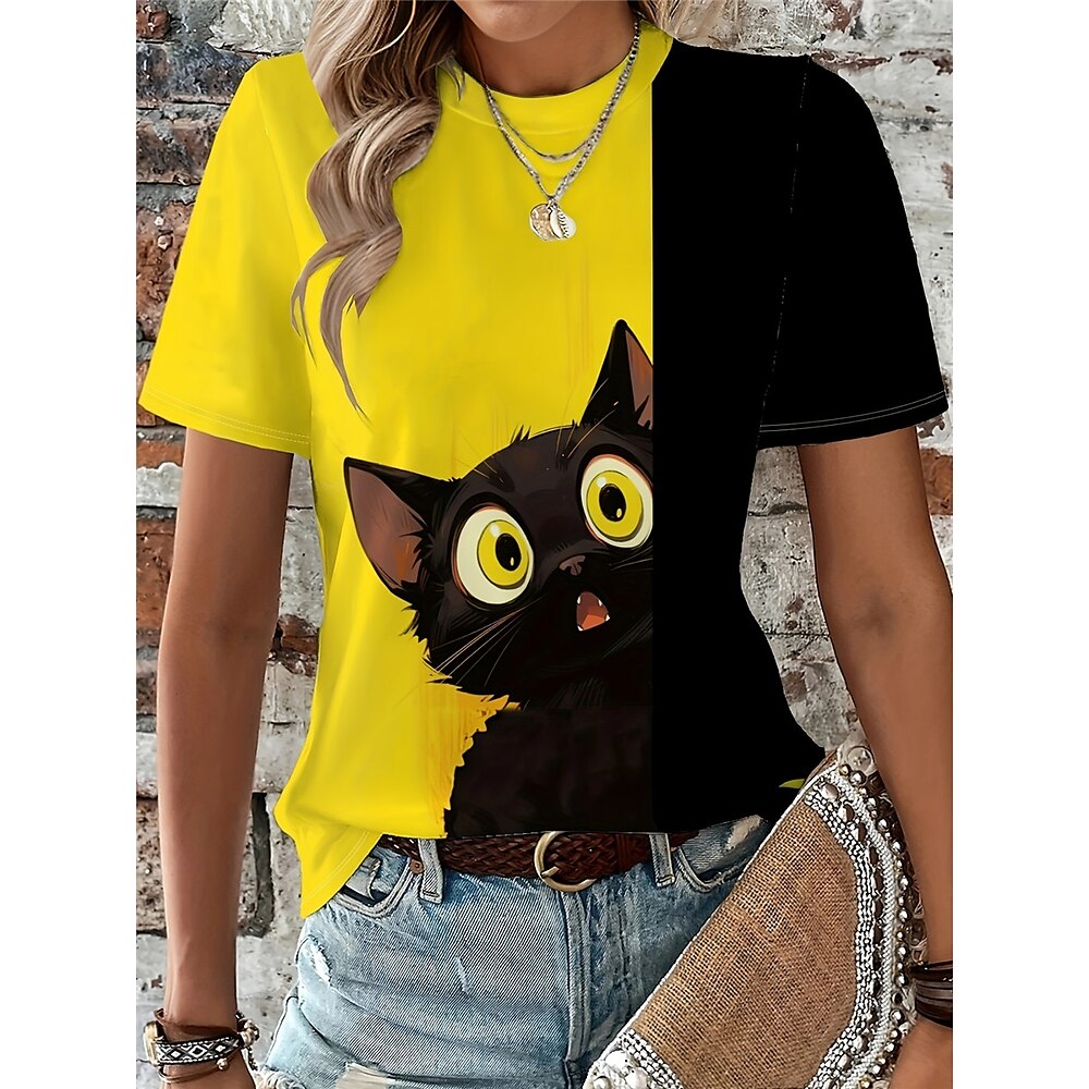 Damen T Shirt Brautkleider schlicht Katze Normale Oberteile Kurzarm Rundhalsausschnitt Bedruckt Regular Fit Täglich Gelb Sommer Lightinthebox