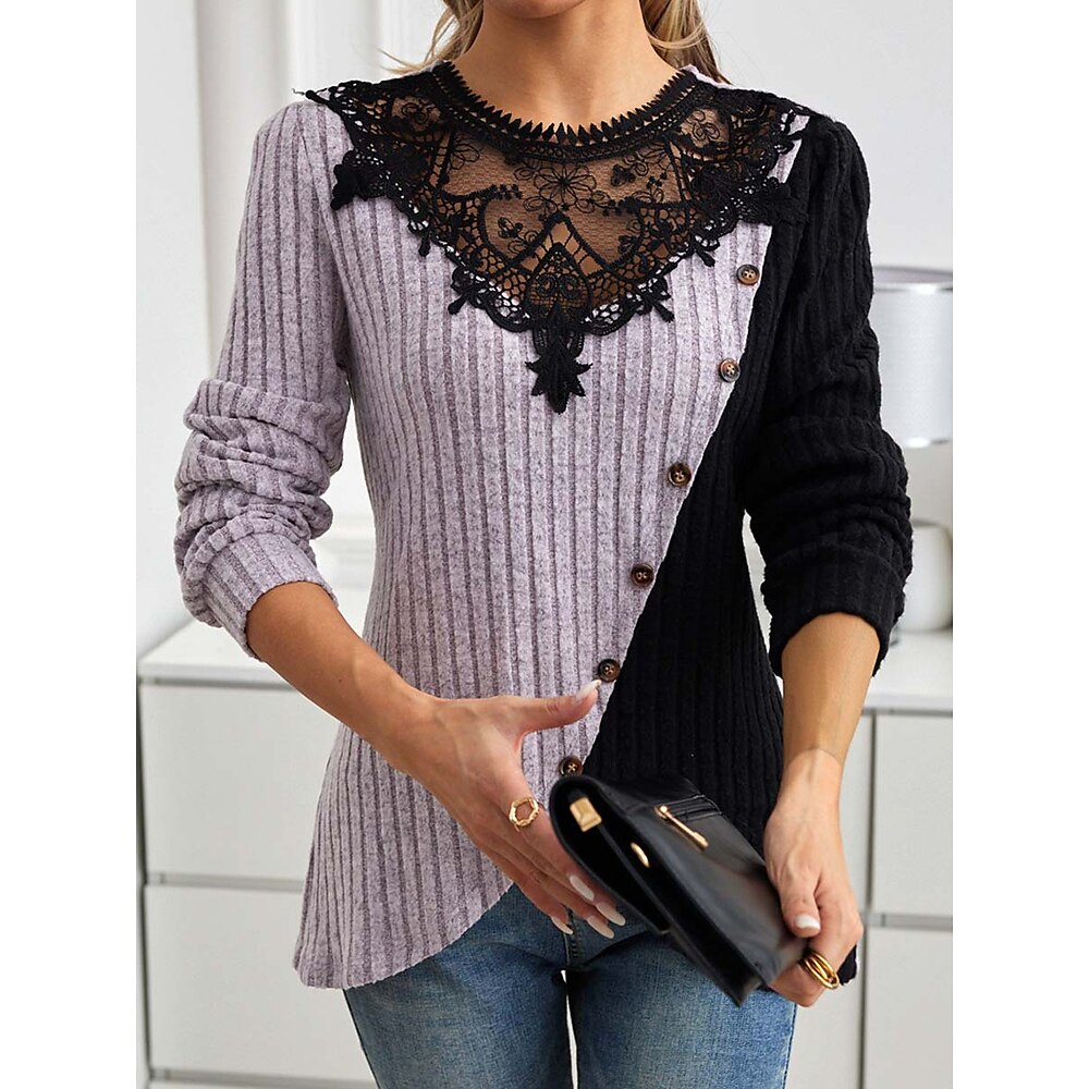 Damen Elegante Spitze Tops Augenschlitze Bluse Stylisch Modernes Spitze Langarm Reguläre Tops Rundhals Arbeit Alltag Romantische Petite Tops Sommer Urlaubsbekleidung Schwarz Grau Frühling Herbst Lightinthebox