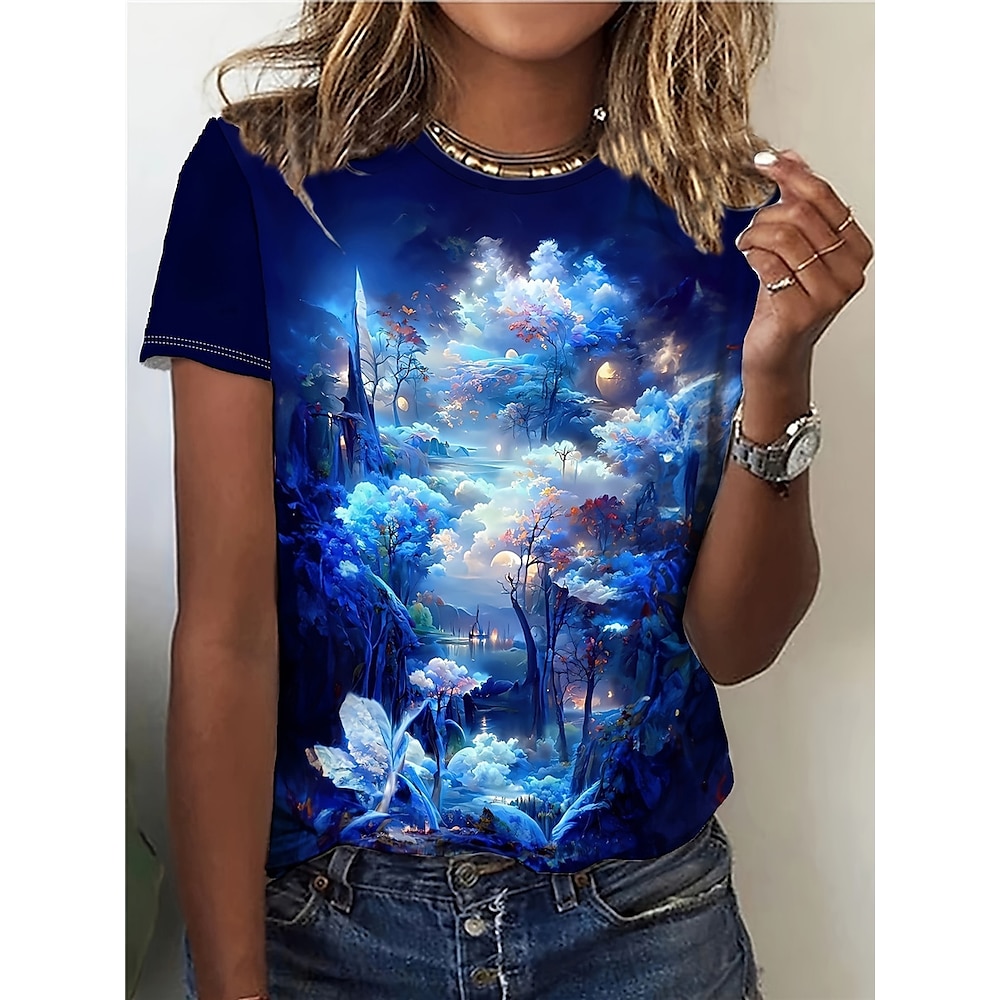 Damen T-Shirt Casual Print Kurzarm Normal Oberteile Alltag Blau Sommer Lightinthebox