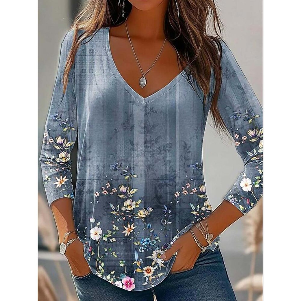 Damen T-Shirt Casual Print Langarm Normal Oberteile V-Ausschnitt Alltag Blau Frühling Herbst Lightinthebox