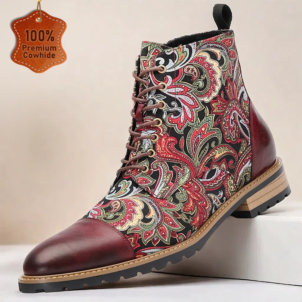 Oxford-Stiefel aus hochwertigem Leder für Herren mit Blumenmuster - Vintage-Paisley-Design, Schnürstiefeletten im Bohème-Stil für legere und formelle Anlässe Lightinthebox