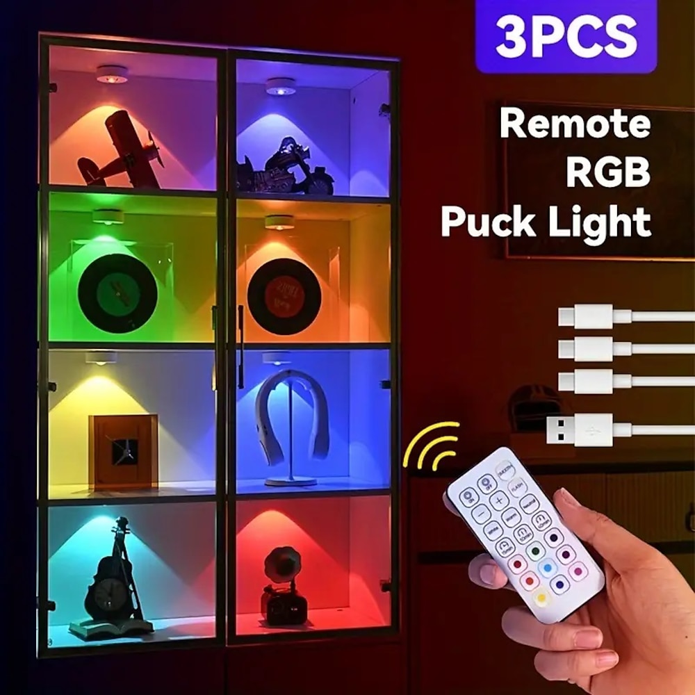 wiederaufladbares magnetisches RGB-LED-Pucklicht mit Fernbedienung, Bildlicht, 12 Farboptionen, LED-Dekorlicht für Schränke und Vitrinen, über USB wiederaufladbare Lightinthebox