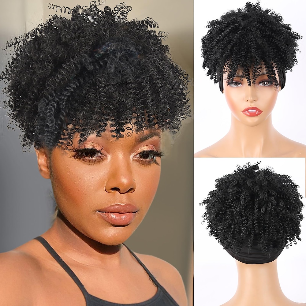 Afro-Perücke mit verworrenem, lockigem Stirnband, kurze Afro-Perücken für schwarze Frauen, synthetische Perücke mit verworrenem, lockigem Stirnband und Pony für Frauen, natürlicher Afro-Puff mit Pony, Lightinthebox