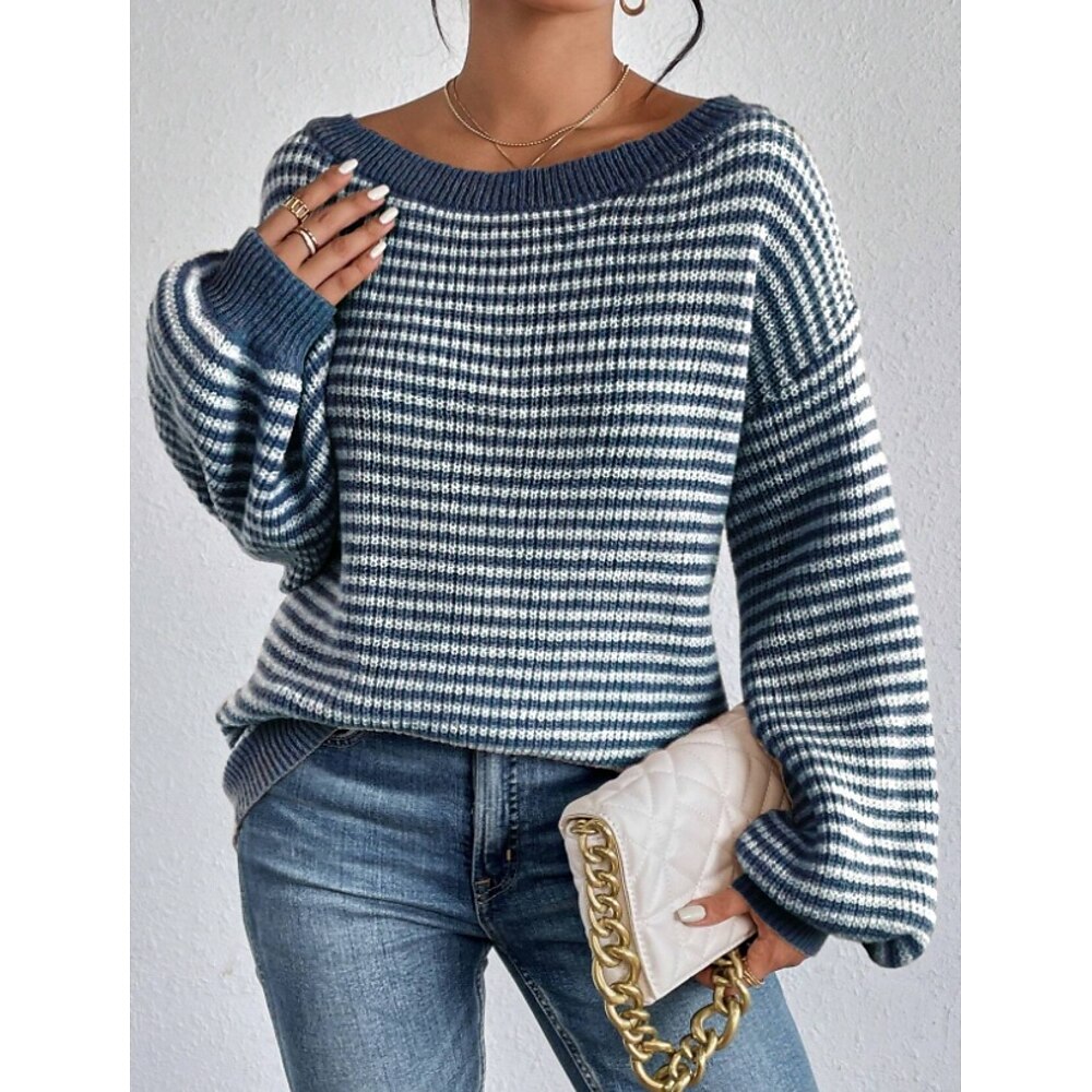 Damen Pullover Ein-Schulter Bateau Grobstricken Stricken Polyester Schulterfrei Streifen Herbst Winter Lang Arbeit Täglich Stilvoll Langarm Graphic Marineblau S M L Lightinthebox