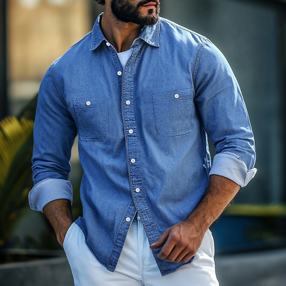 Herren Hemd Chambray-Hemd Knopfhemd Lässiges Hemd Denim Blue Schwarz Marineblau Leicht Blau Langarm Glatt Kragen Täglich Urlaub Bekleidung Modisch Brautkleider schlicht Lightinthebox