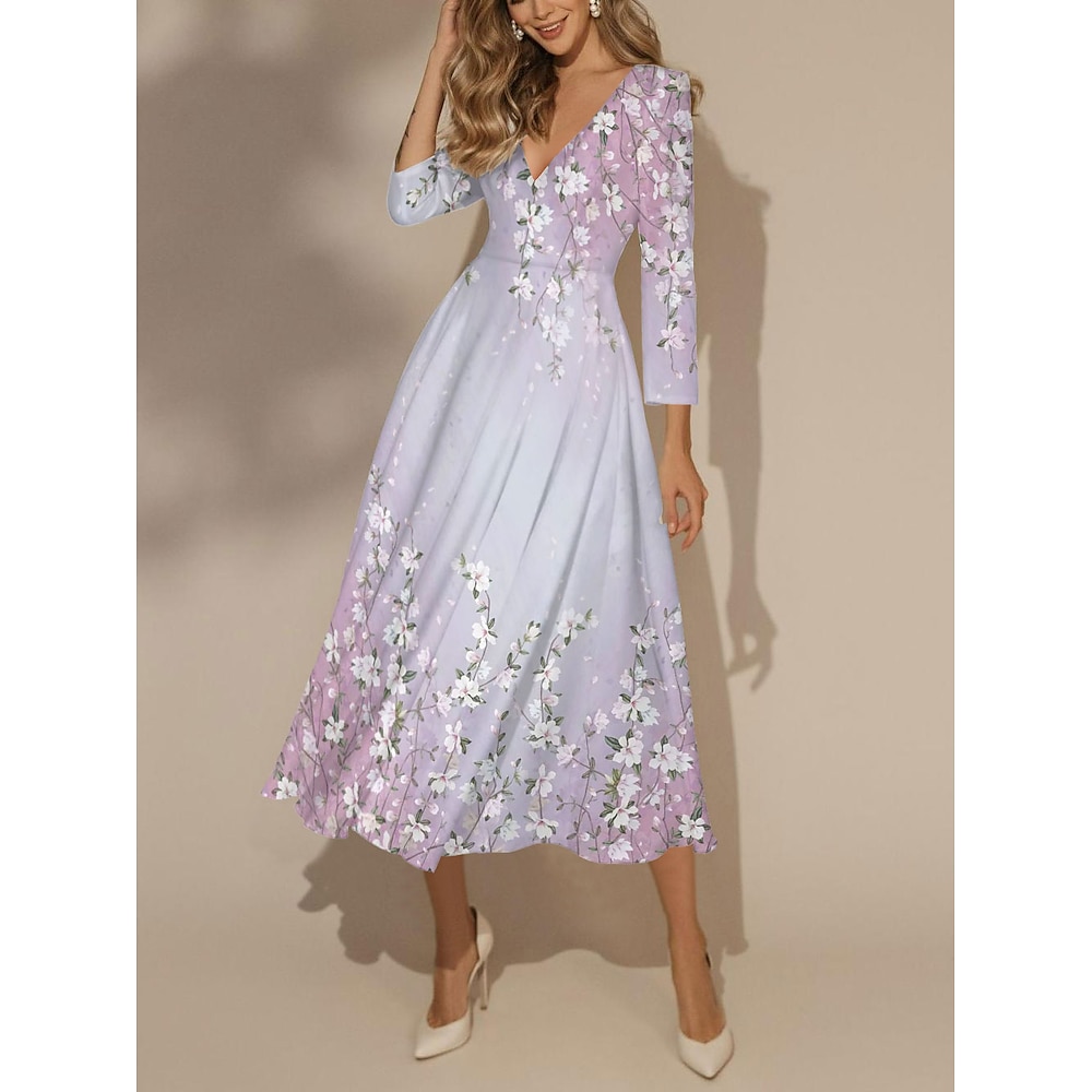 Damen kleid lang Schaukelkleid Semi formelles Kleid Blumenkleid Kleid drucken Modisch Strassenmode Modern Formal Outdoor Urlaub Regular Fit Blumen 3/4 Ärmel V Ausschnitt Gelb Rosa Blau Frühling Herbst Lightinthebox