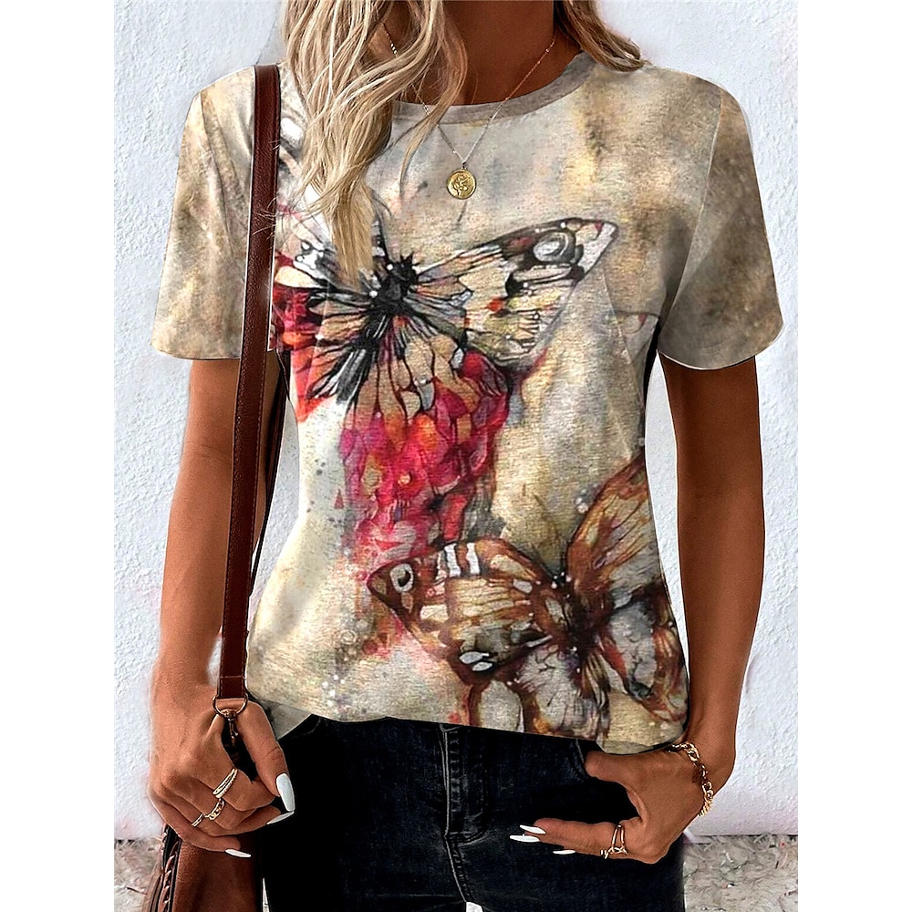 Damen T-Shirt Casual Print Kurzarm Normal Oberteile Alltag Khaki Sommer Lightinthebox