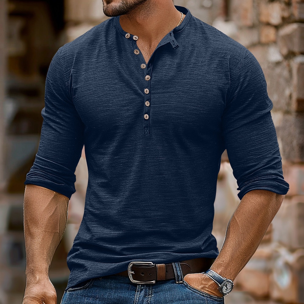 Herren Henley Shirt T-Shirt langarmshirt Langarm Feste Farbe Modisch Täglich Knopf Henley Outdoor Casual Sommer Dunkelbraun Dunkelgrau Dunkelrot Henley T-Shirt Lightinthebox