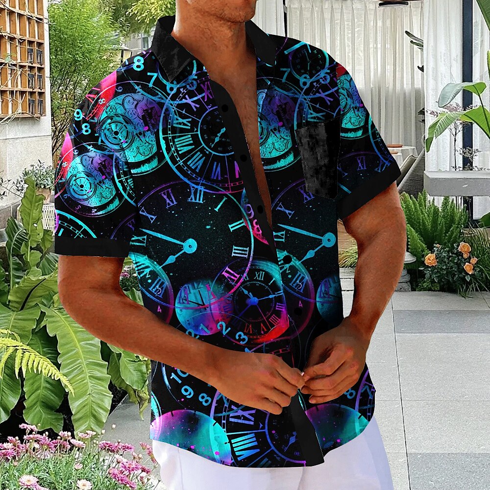 Herren Neon Strandhemd Knopfhemd Kurzarm Hawaiianisch Täglich Urlaub Sommer Frühling Hemden mit Kragen Tasche Blau Lightinthebox